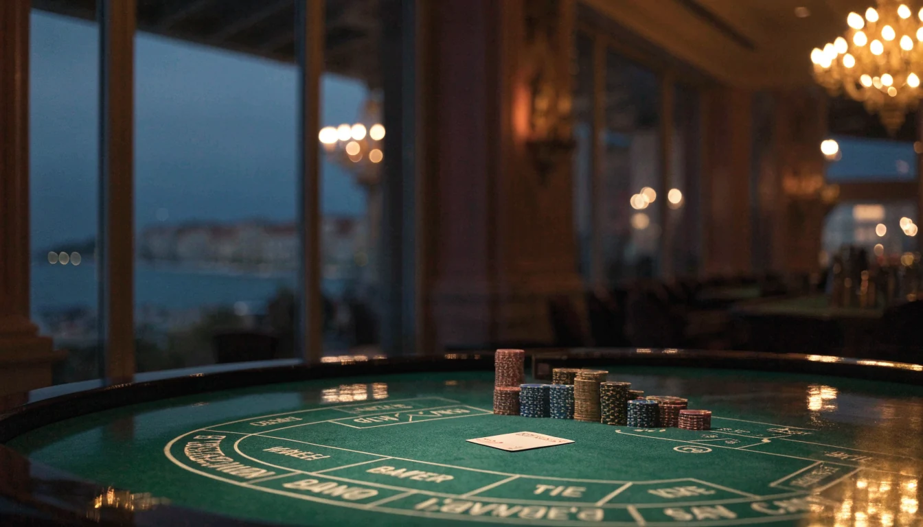 Elegantno hrvatsko casino noću s baccarat stolom i žetonima