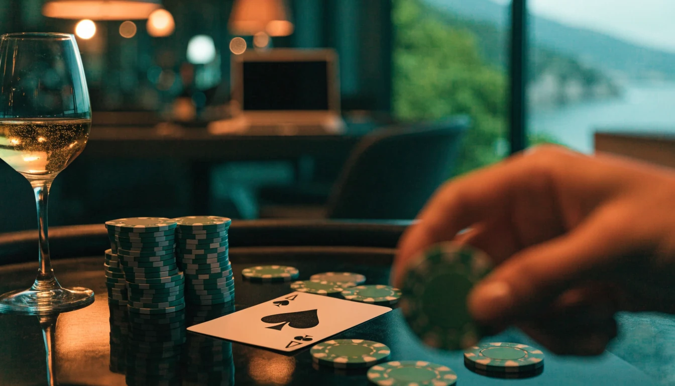 Stol za blackjack s ulošcima i kartom u modernom casinu