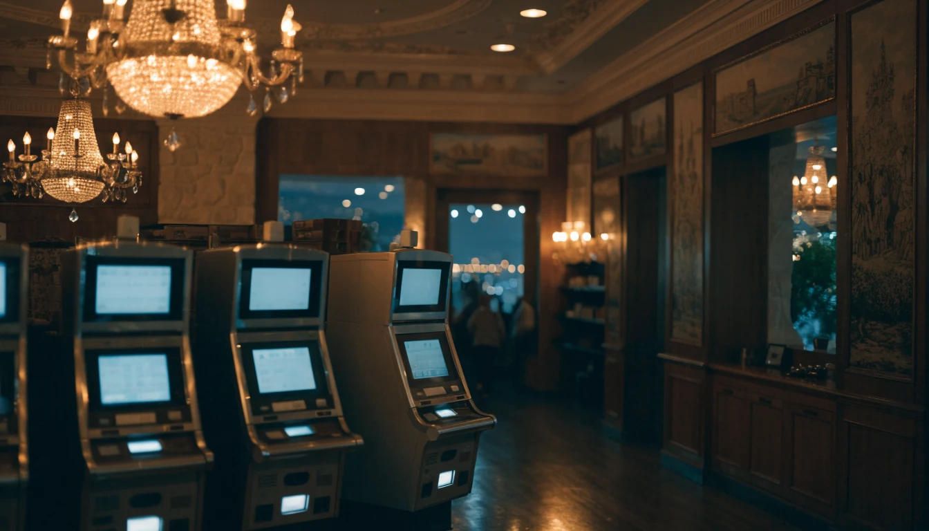Elegantni interijer hrvatskog casina s automatima i toplom rasvjetom