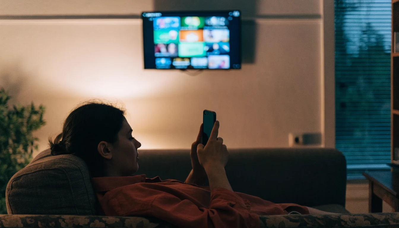 Osoba pregledava sadržaj na pametnom telefonu u dnevnom boravku