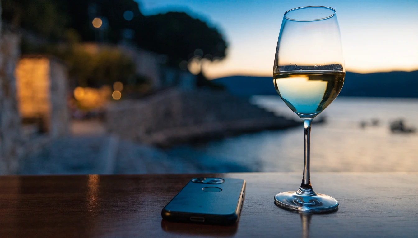 Hrvatski mediteranski gradić u sumrak sa smartphoneom na stolu