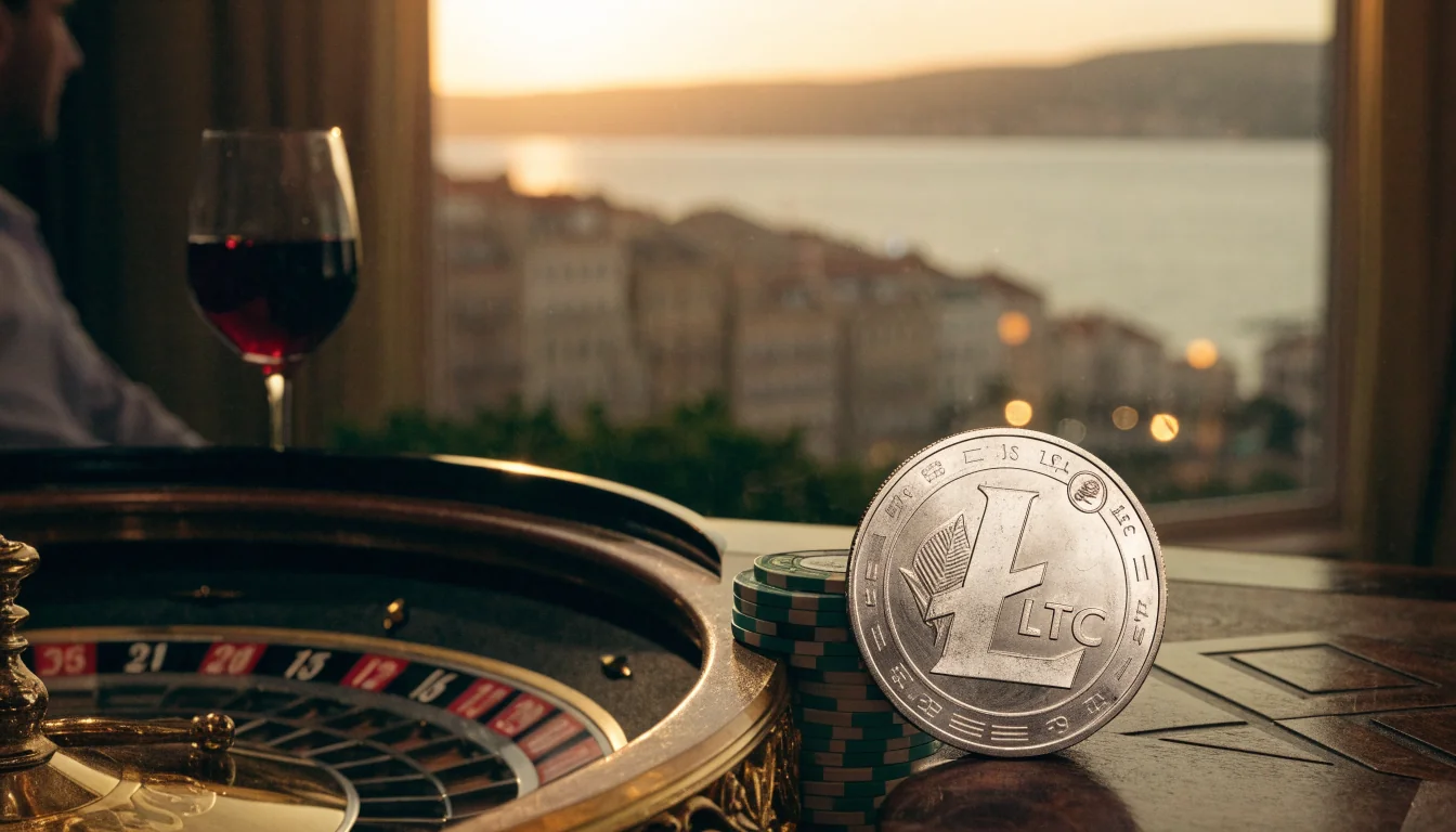 Srebrni Litecoin kovanica na kasiinskom stolu uz čipove i rulet uz zalazak sunca.