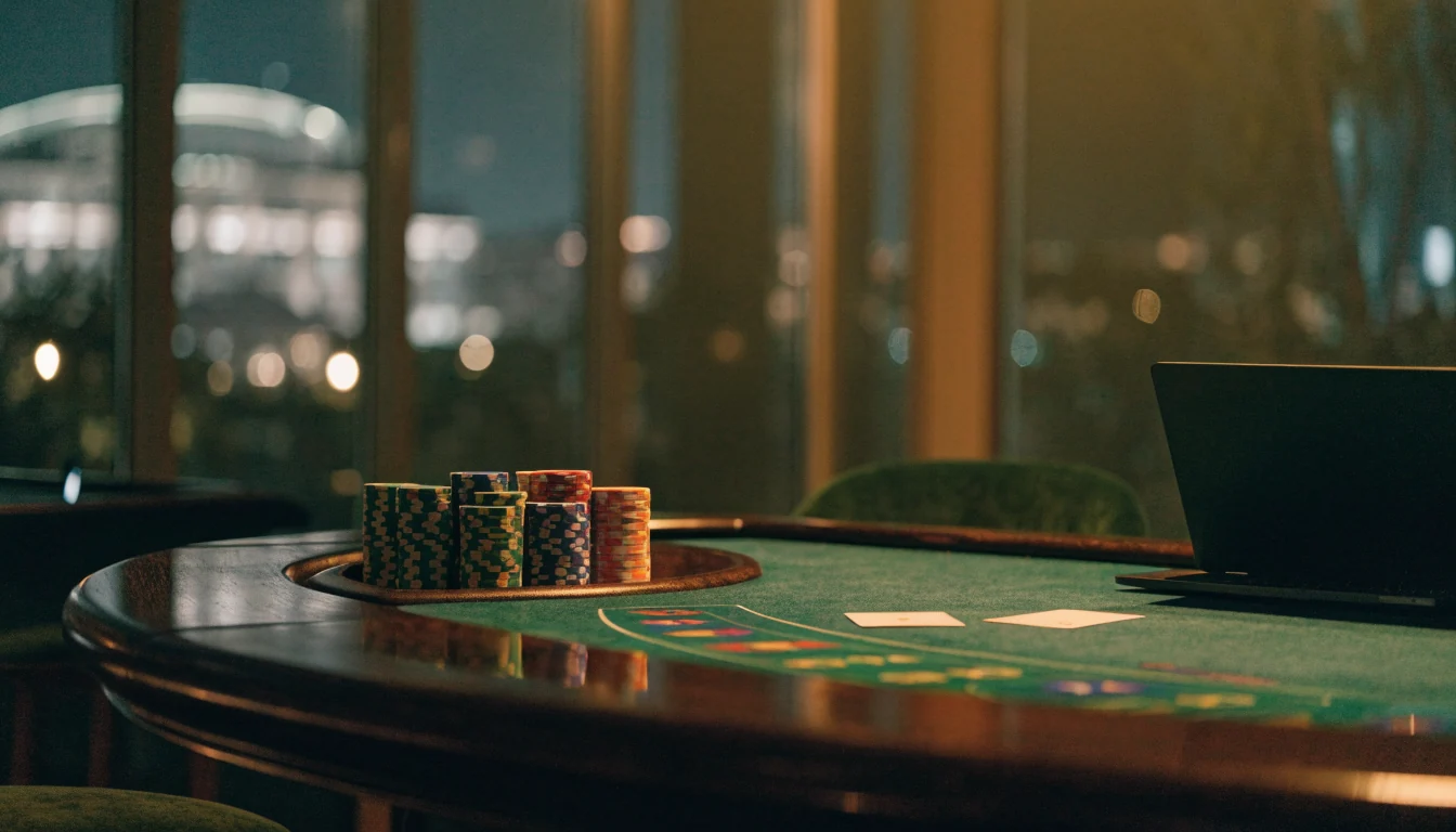 Stol za blackjack s ulozima i zatvorenim prijenosnim računalom u suvremenom kazinu