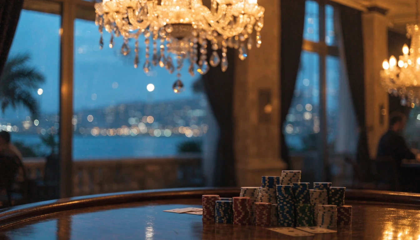 Elegantna casino blagovaonica s blackjack stolom i žetonima u toplom noćnom svjetlu