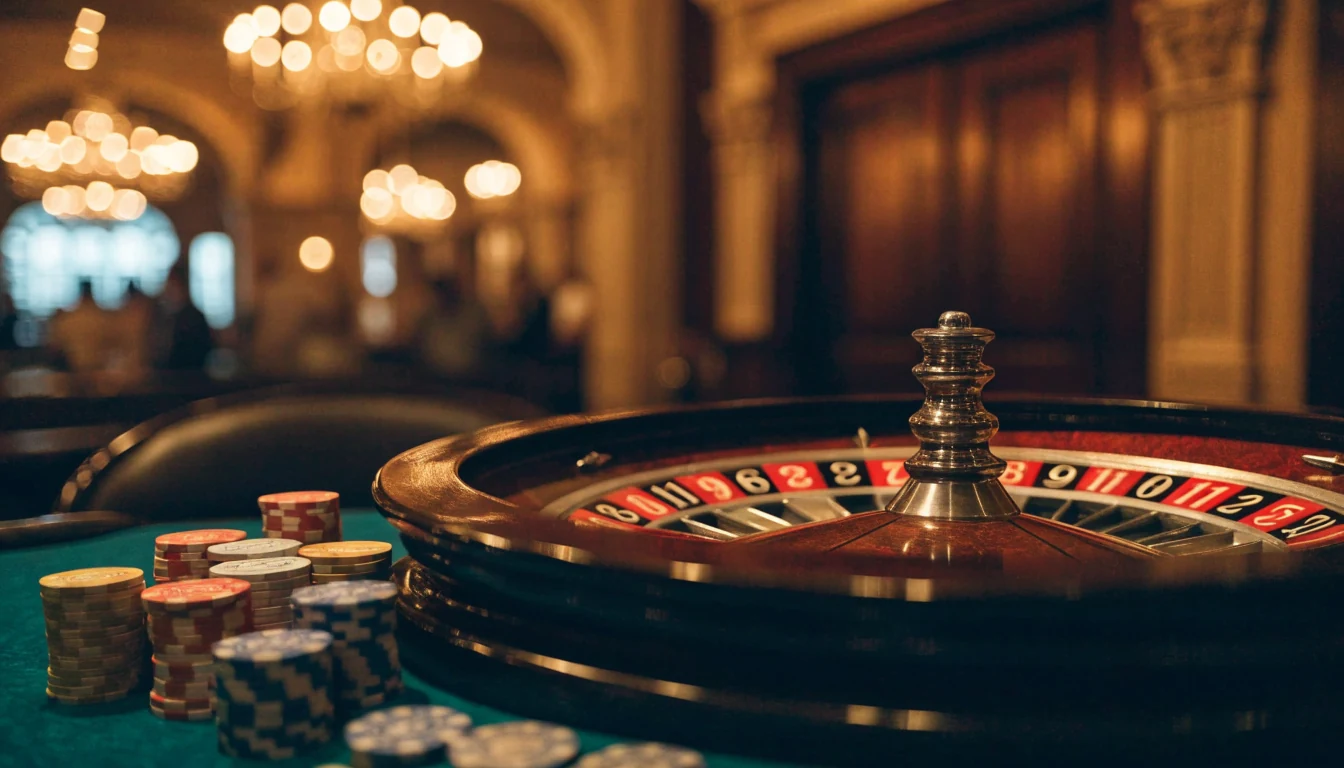 Elegantan ruletni kotač na zelenom stolu u luksuznom casino okruženju