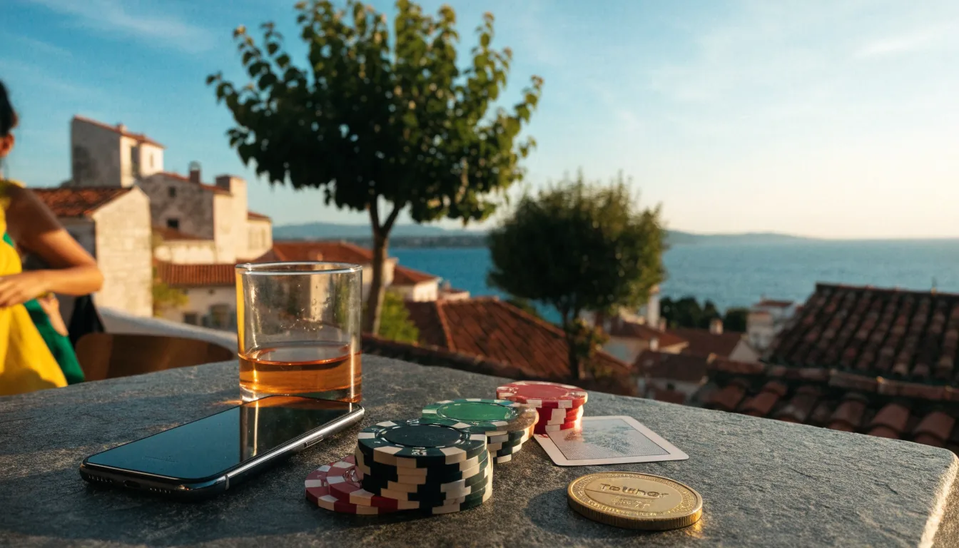 Kripto casino čipovi i Tether novčić na splitskoj terasi