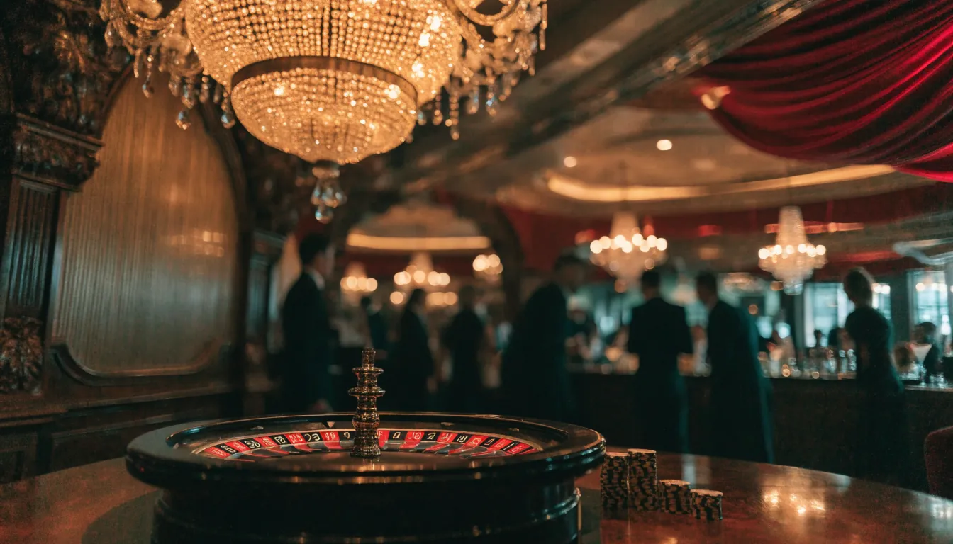 Elegantno noćno casino okruženje sa zlatnom rasvjetom i ruletom